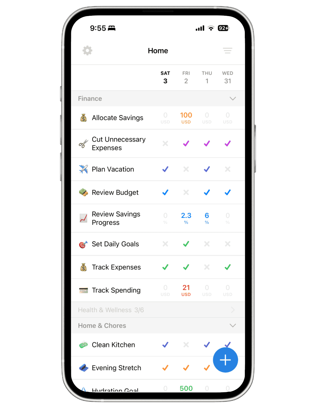 Daily app - Home view with habits and routines